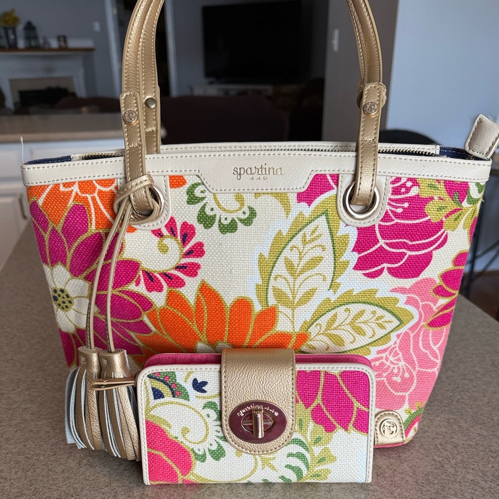 Spartina 449 Canvas Floral Tote and Wallet in Pink, Orange & Tan